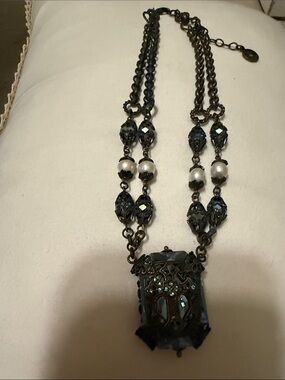 Sweet Romance gunmetal blue crystal pendant necklace with pearl accents